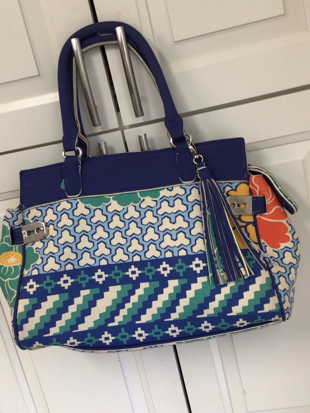 Rafe Blue Patterned Tote Bag with Tassel - Picture 3 of 14